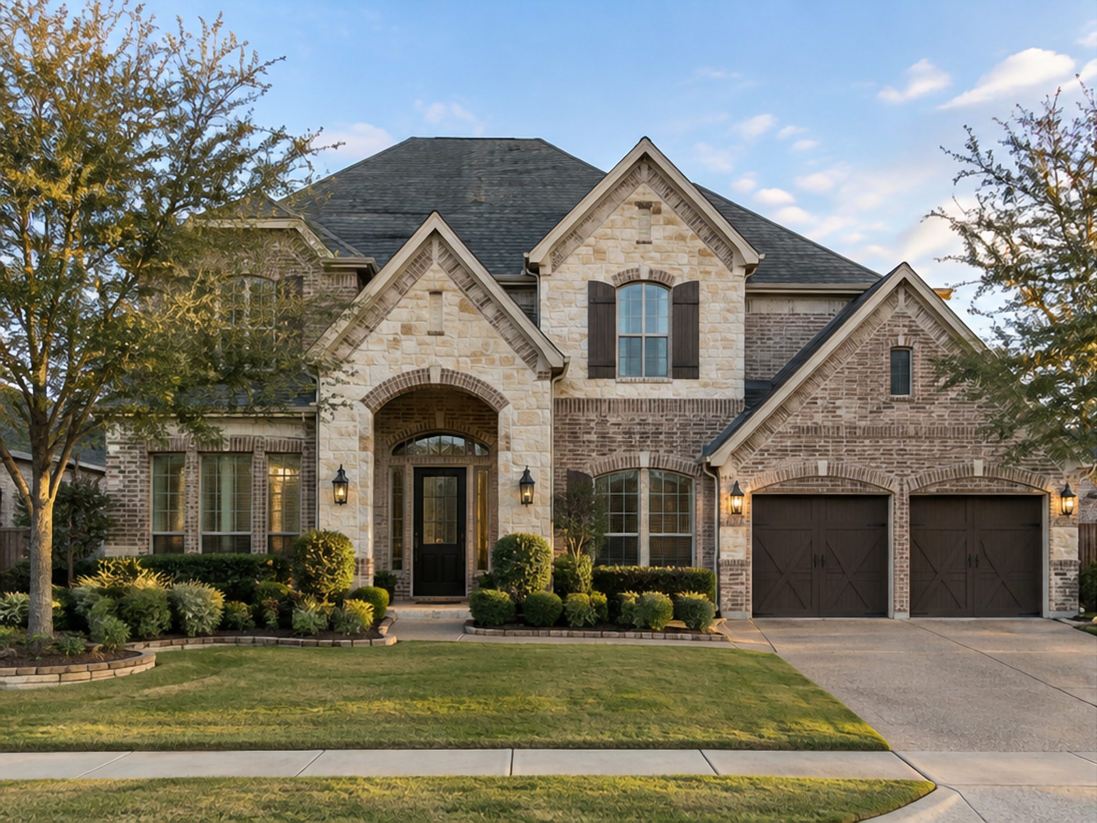 Stone-and-brick two-story in daylight, before lighting