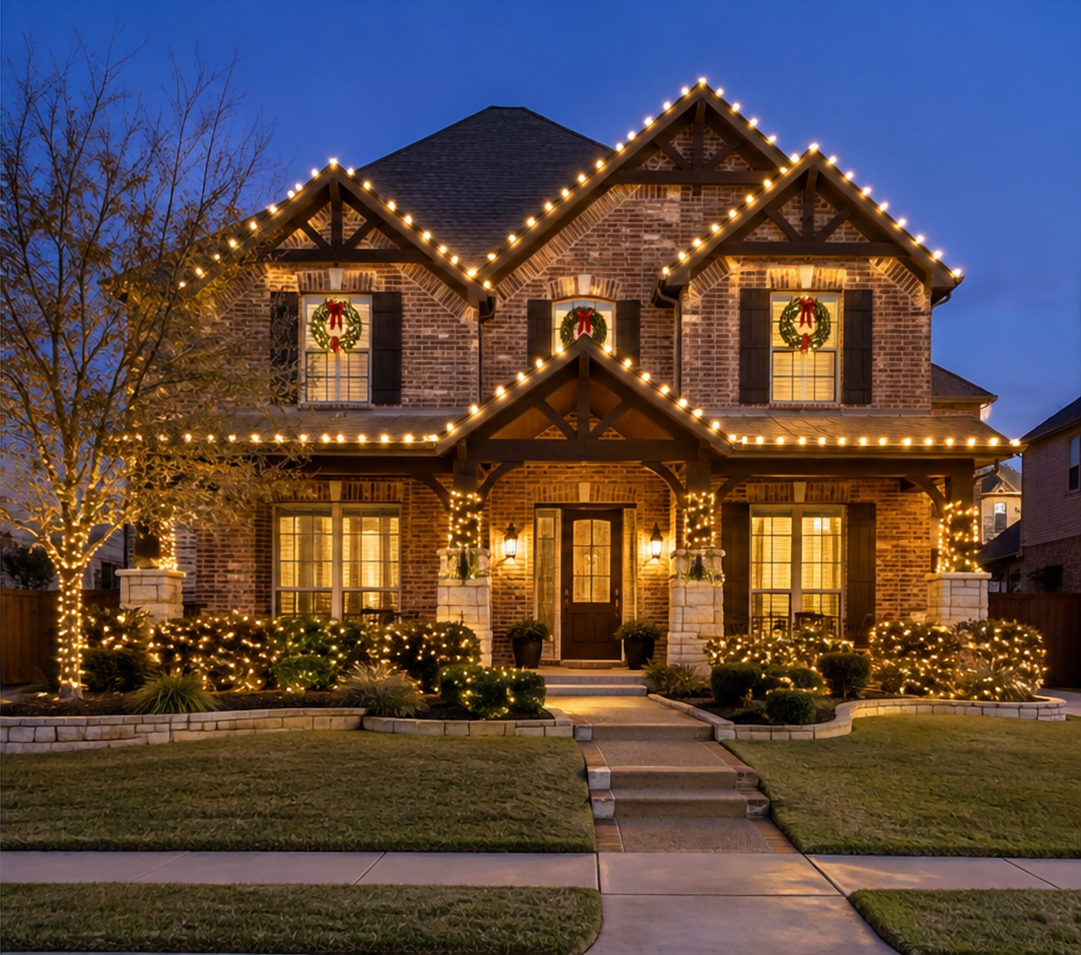 Craftsman home with warm C9 lights along its gables and porch roof