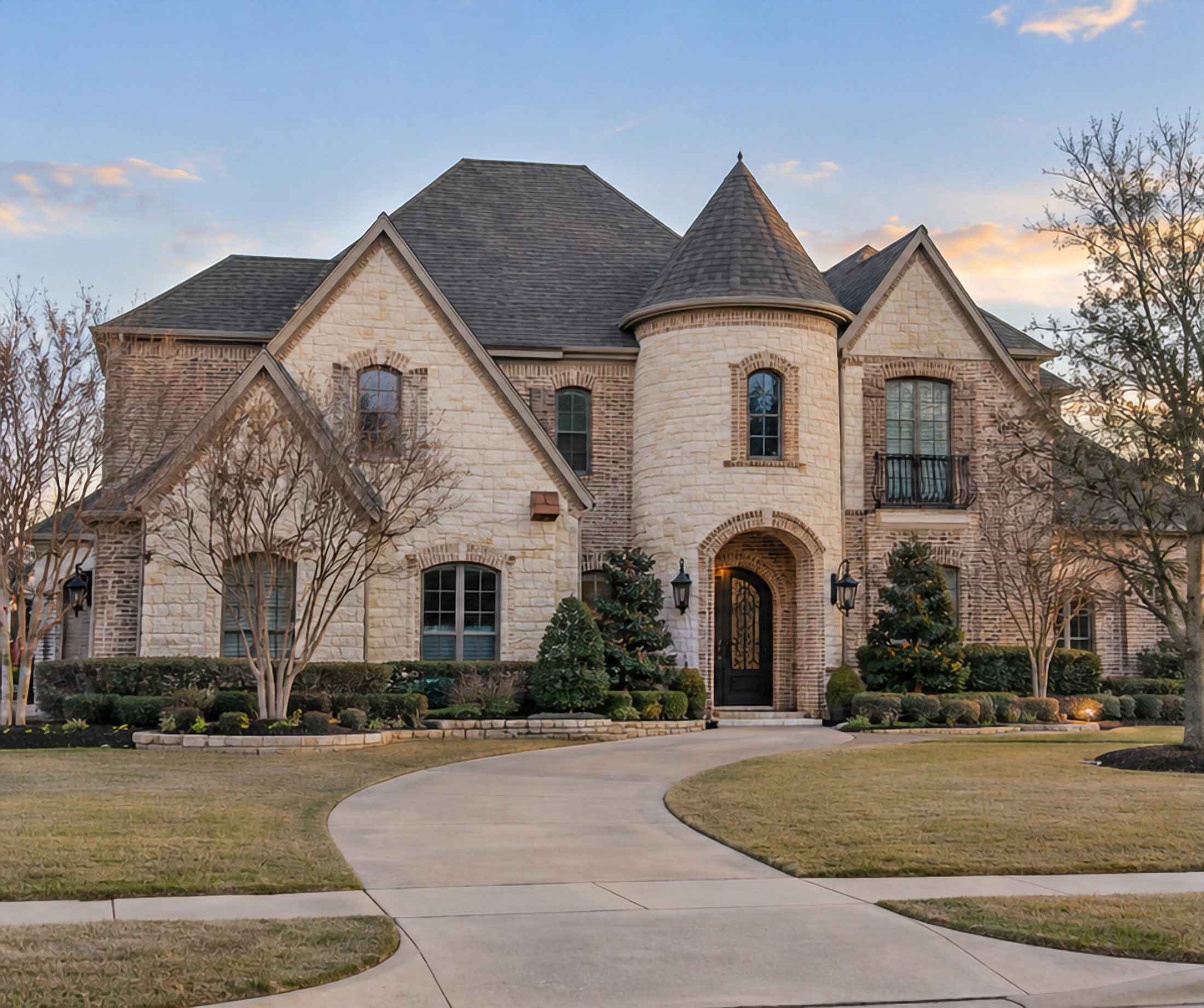 French country home with a turret in daylight, before lighting