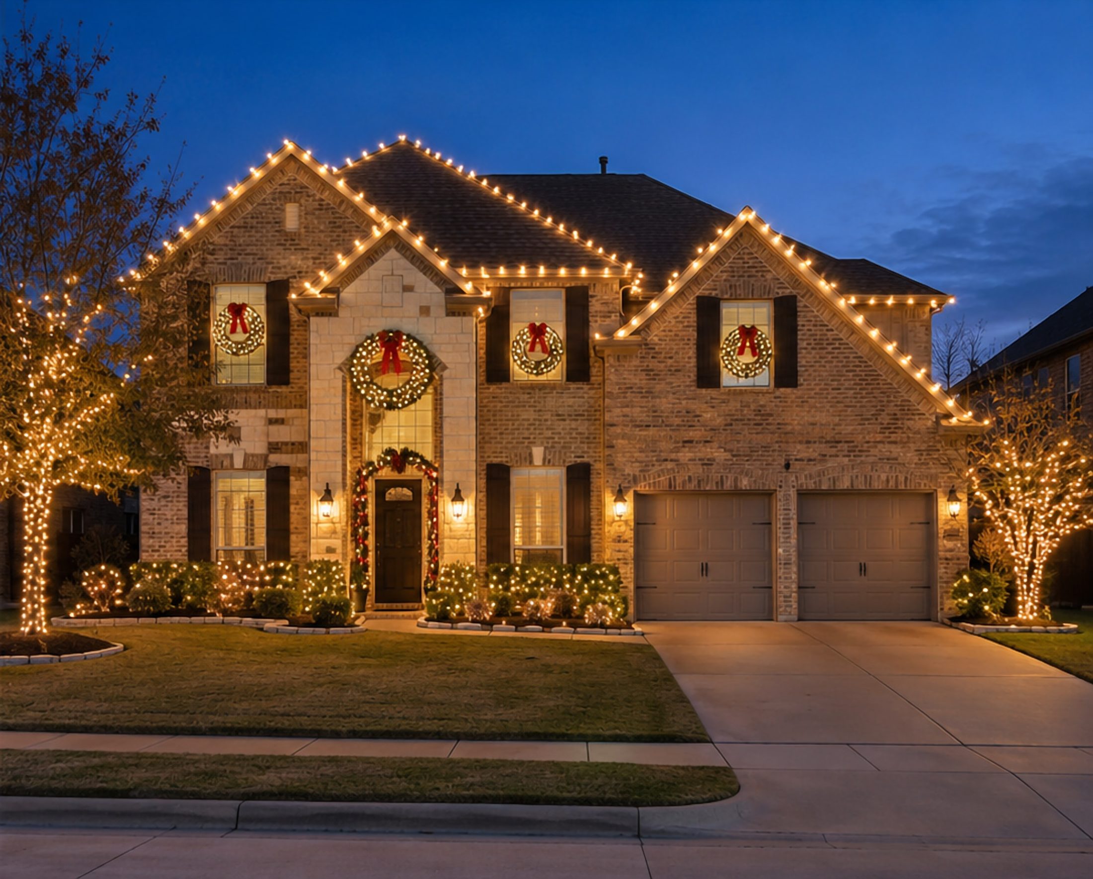 Two-story brick home at night with warm white C9 lights along every front roofline