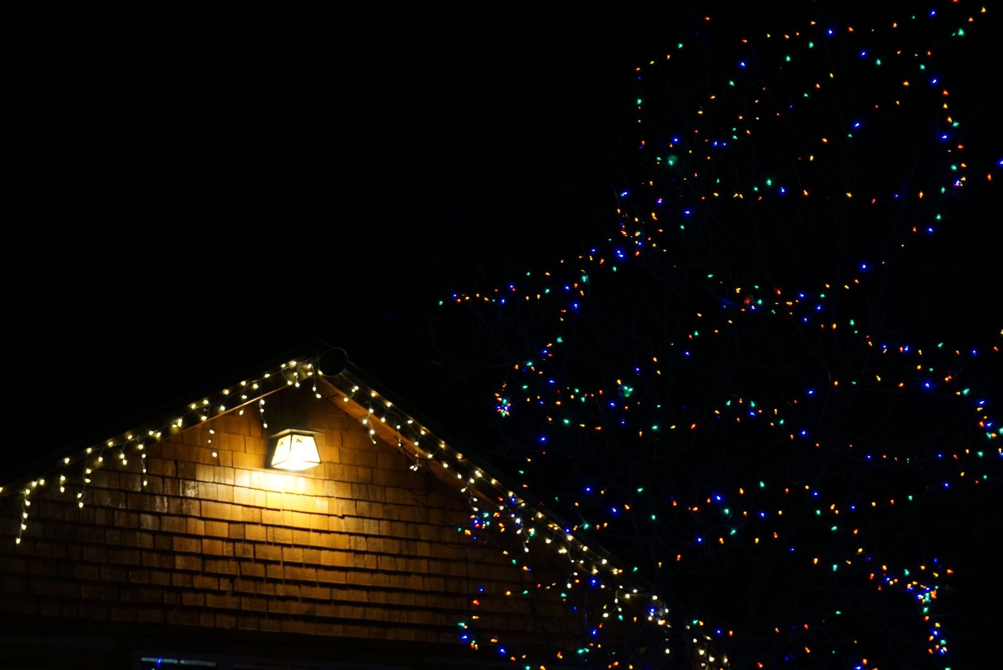 Warm lights along a shingled roof edge